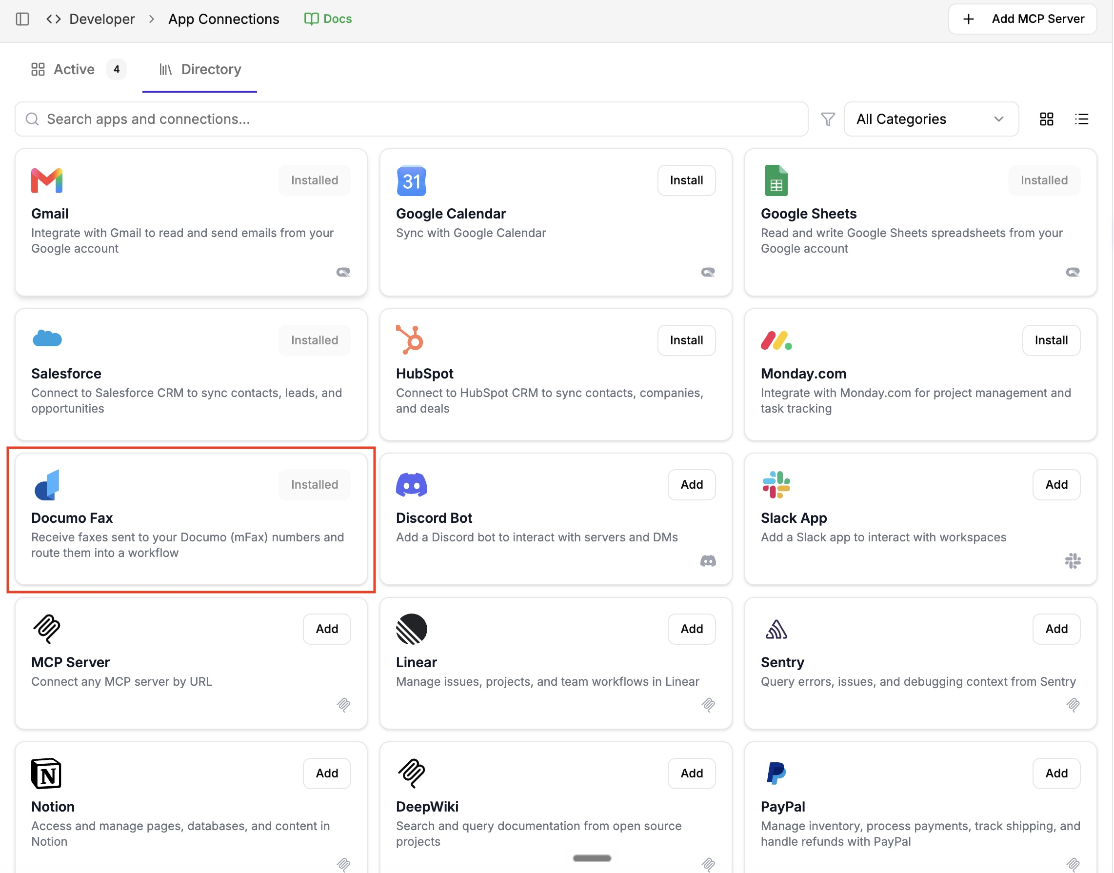 Turning on Documo Fax from App Connections