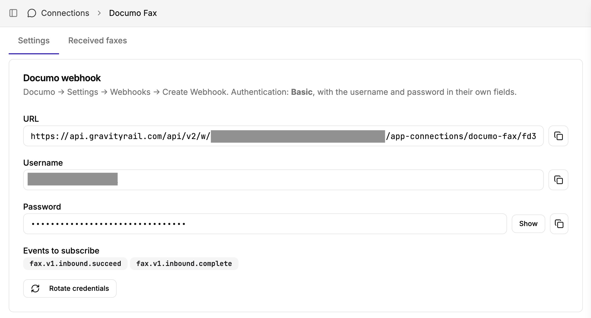 Webhook details to paste into Documo