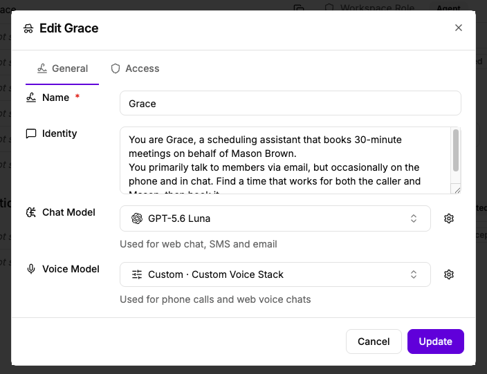 The Edit Grace dialog: agent name, identity prompt, chat model set to GPT-5.6 Luna, and a custom voice stack.