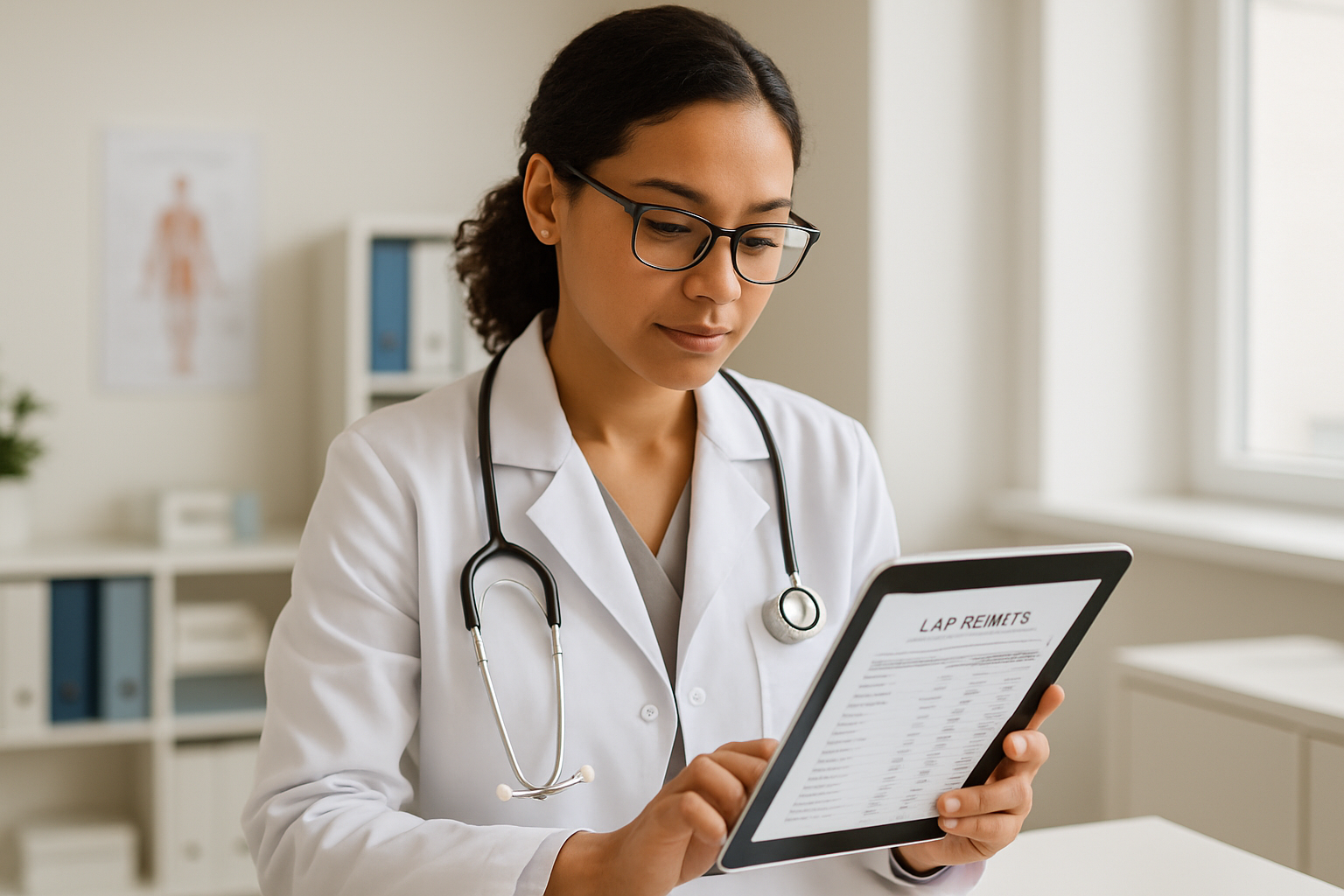 Healthcare professional reviewing lab results on tablet in modern medical office, representing nephrology patient care coordination