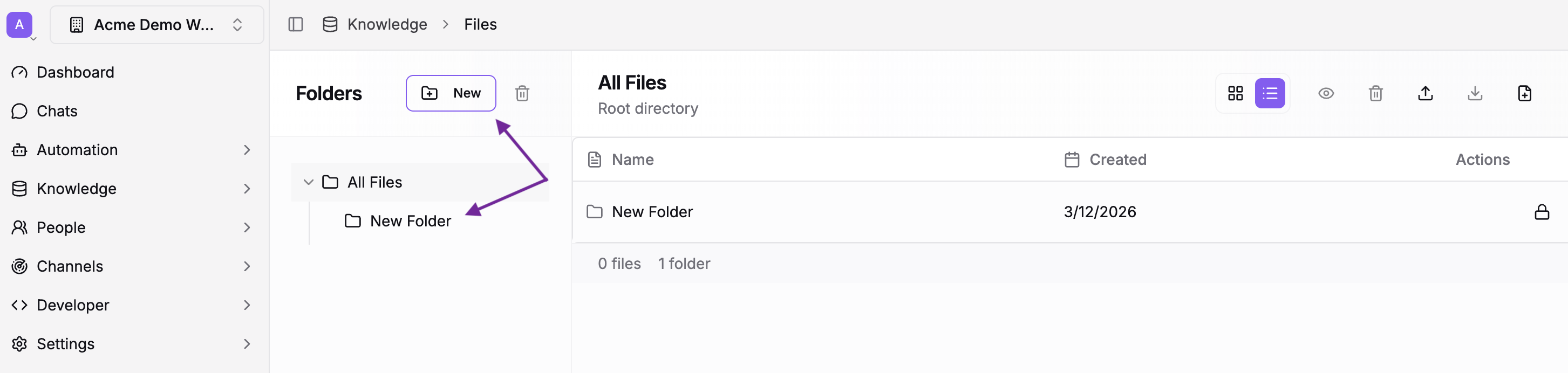 The Files page showing the New Folder button