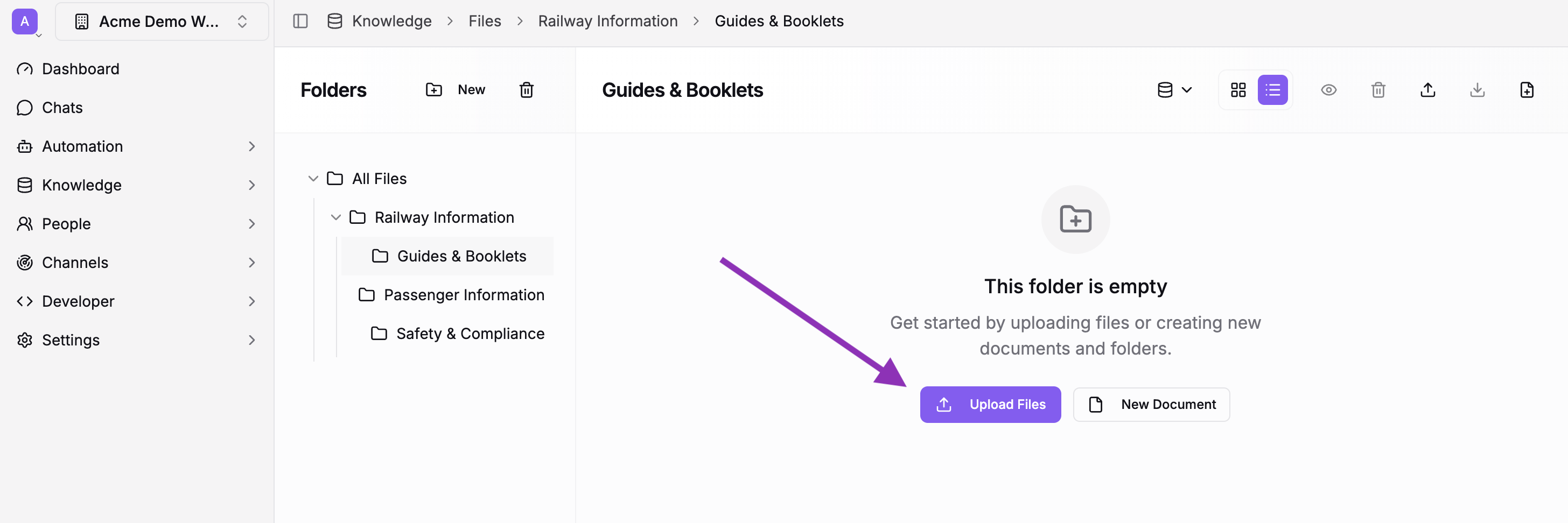 Navigate to a folder and click Upload Files