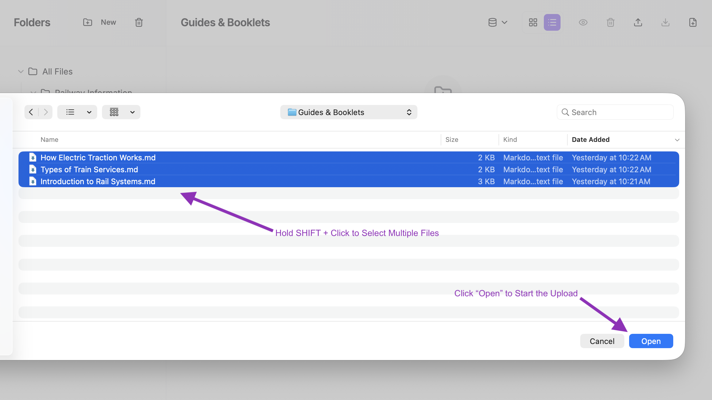 Select multiple files and click Open to start the upload