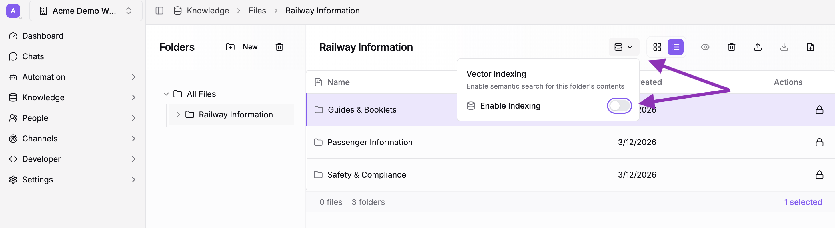 Click the Vector Indexing option and enable the Indexing toggle