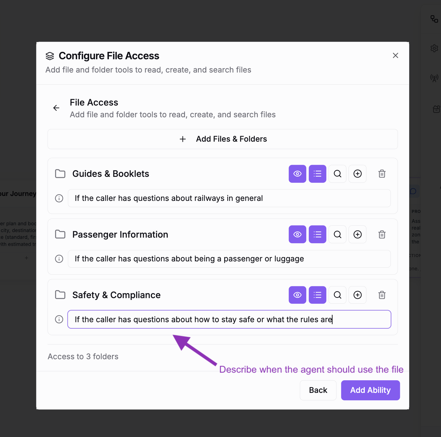 Describe when the agent should use each folder to improve search relevance