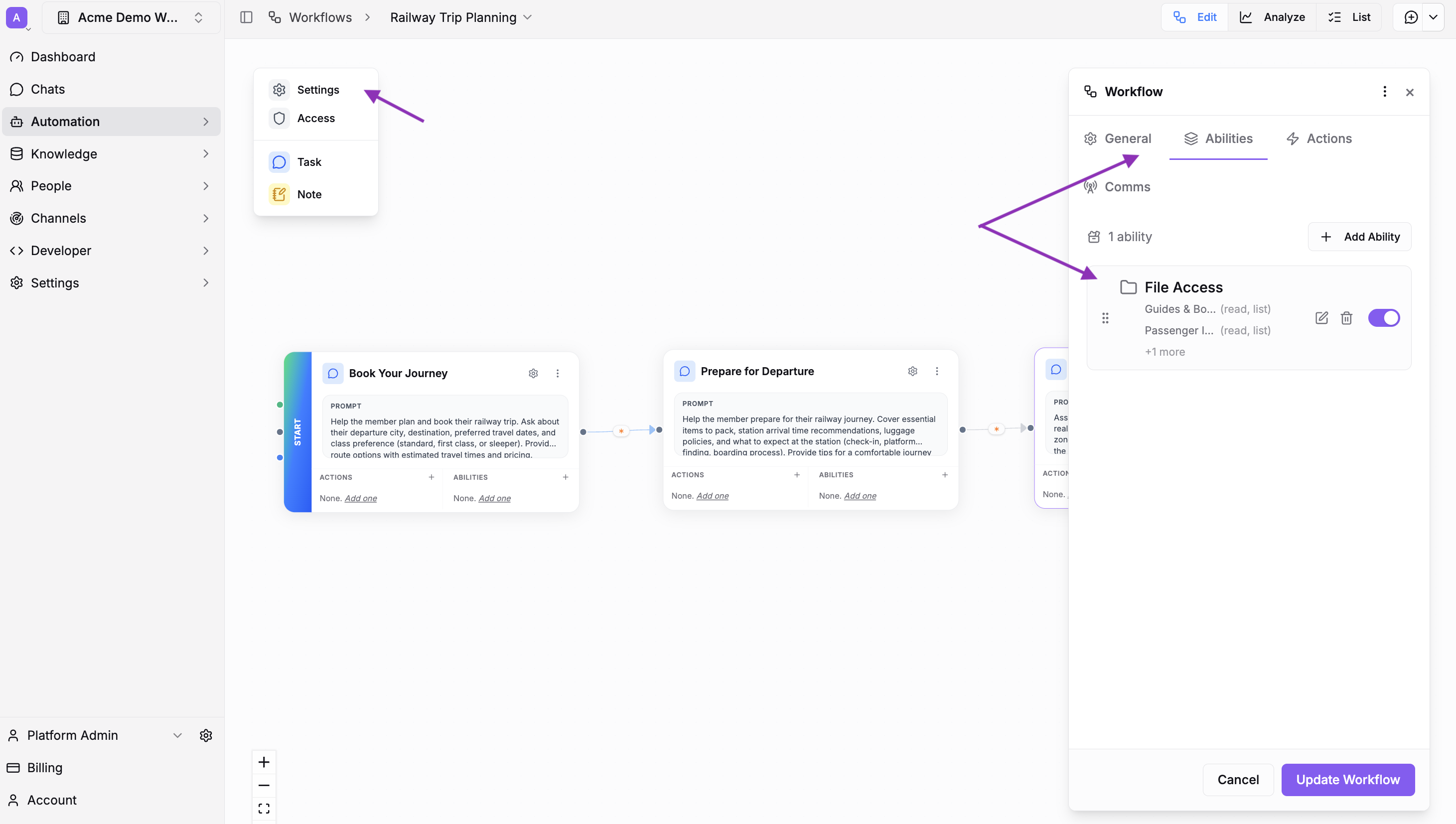 The Abilities tab showing File Access configured on your workflow