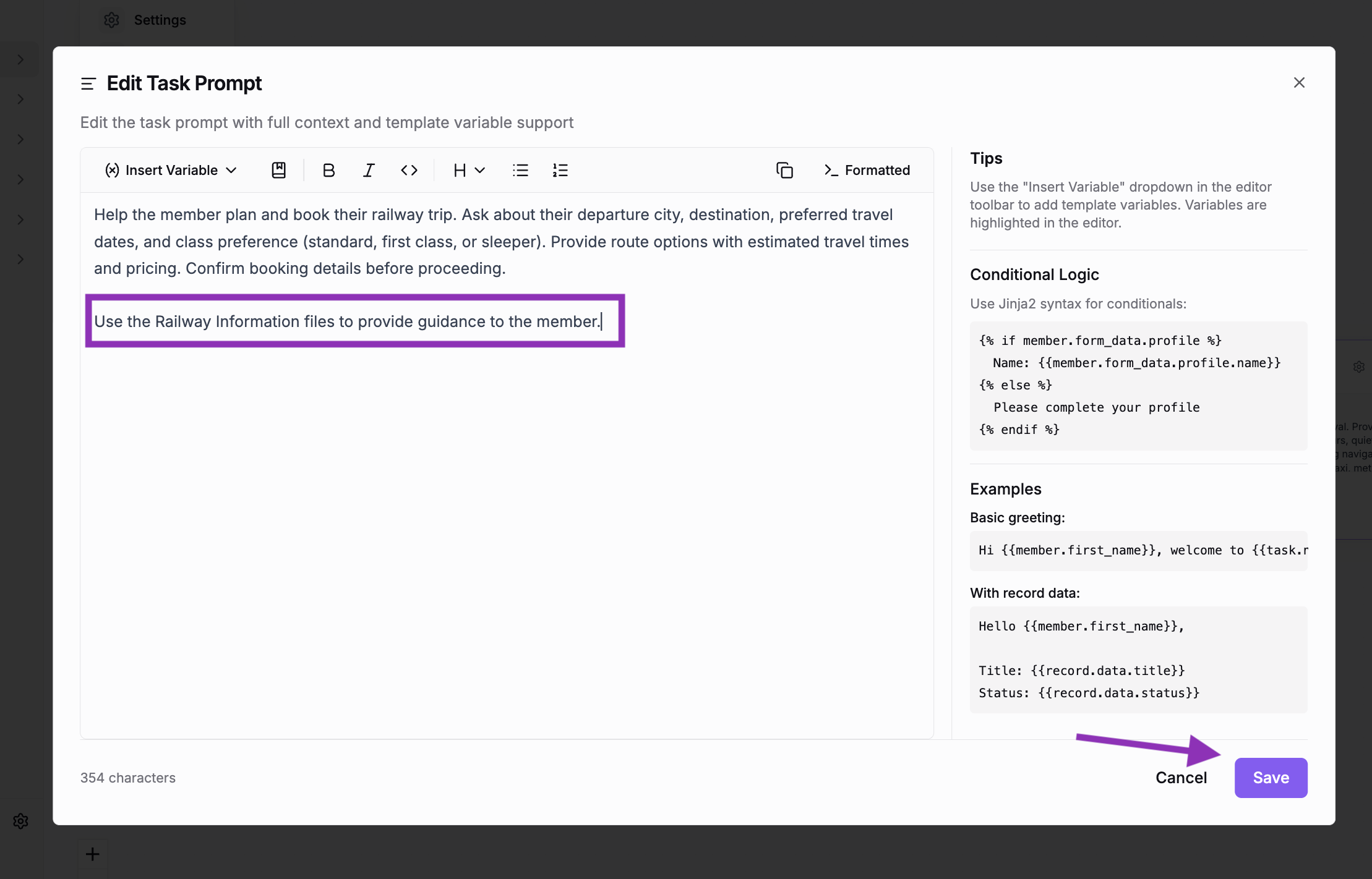 Edit the task prompt to instruct the agent to use the document library