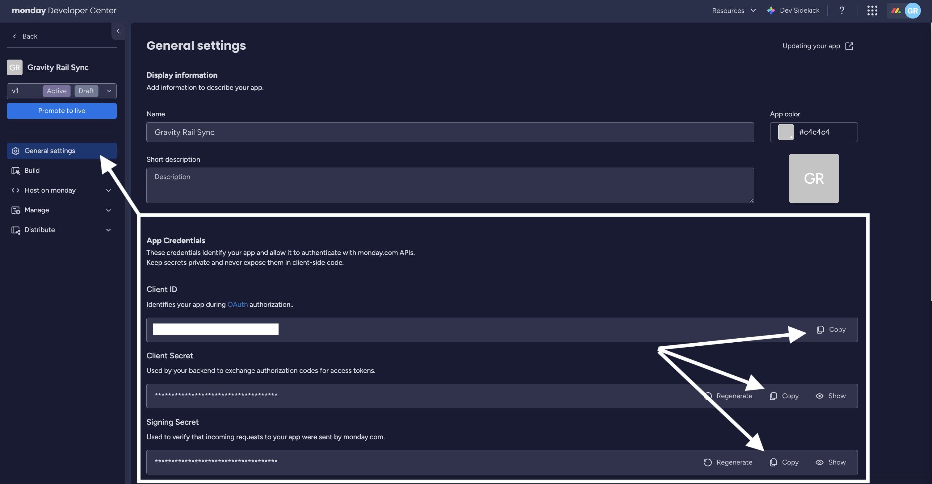 General Settings showing App Credentials with Client ID, Client Secret, and Signing Secret