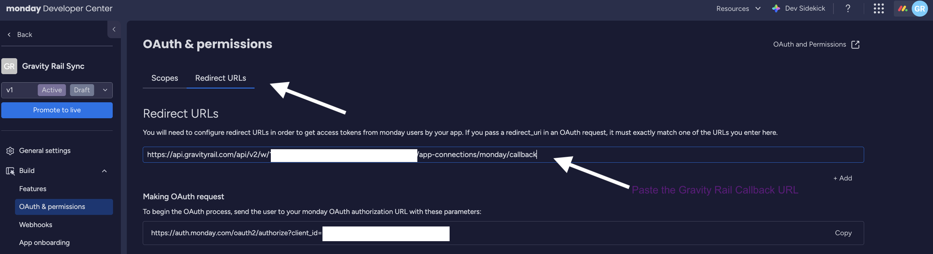 The OAuth & Permissions page showing the Redirect URLs tab with the callback URL added
