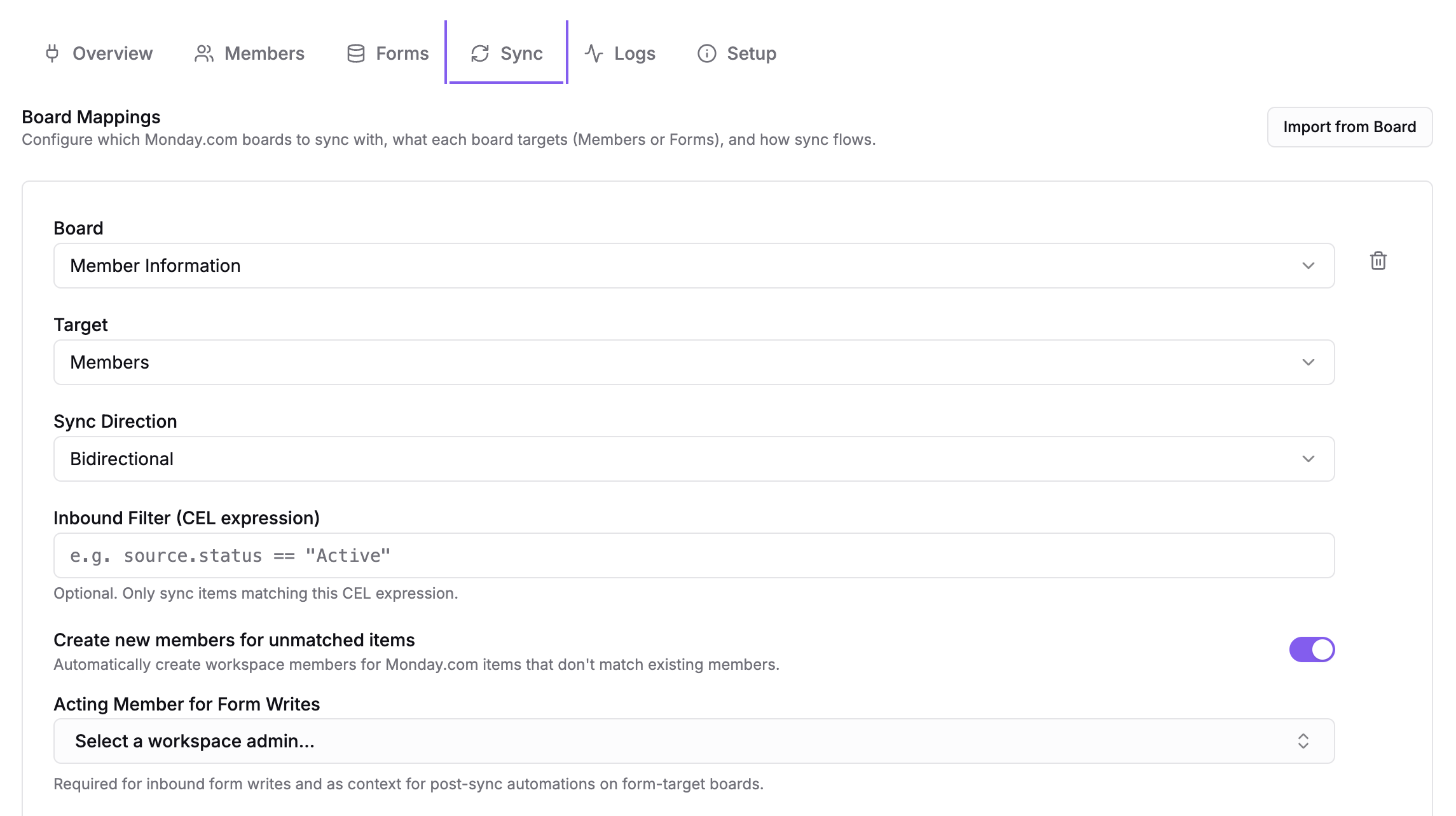 The Sync tab showing a board mapping with board selector, target type, sync direction, inbound filter, and create unmatched toggle