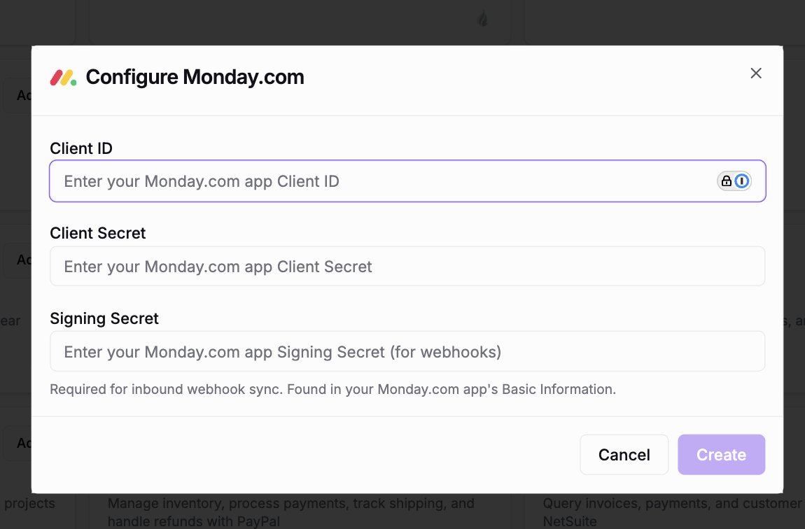 The Configure Monday.com dialog with fields for Client ID, Client Secret, and Signing Secret