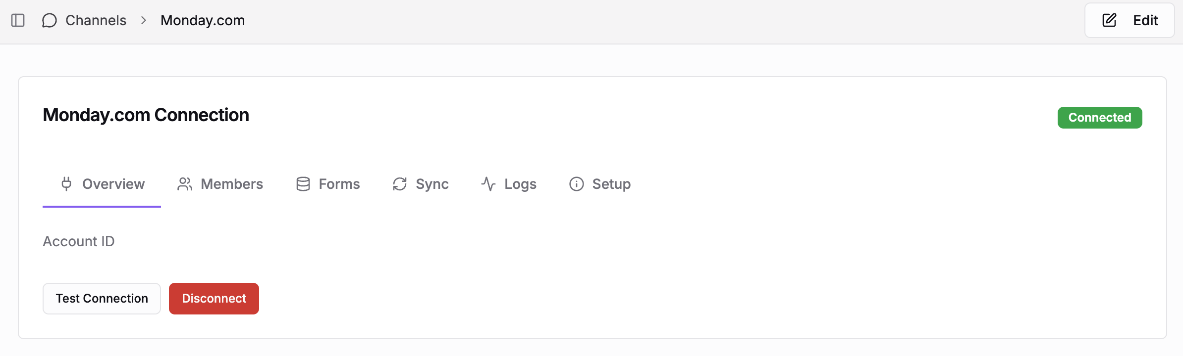 The Monday.com connection page showing Overview, Members, Forms, Sync, and Logs tabs
