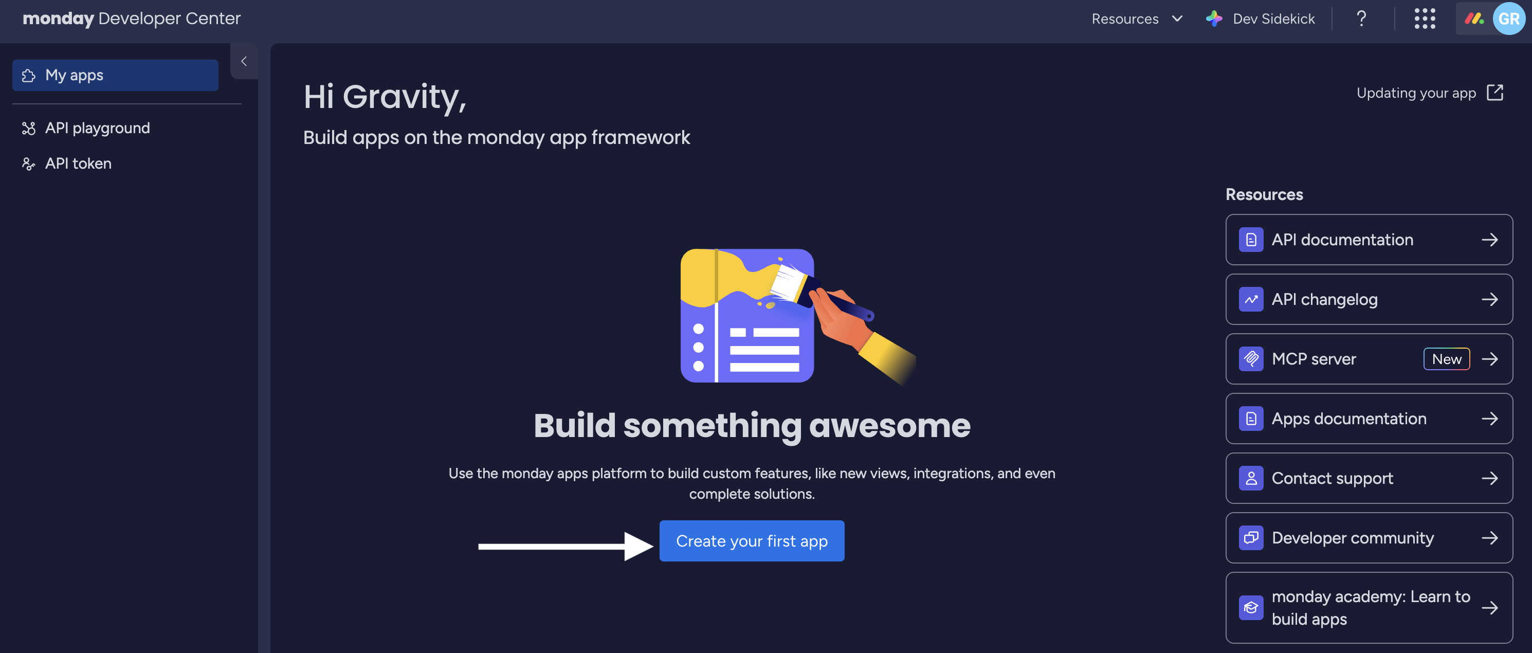 The Developer Center landing page with the Create your first app button