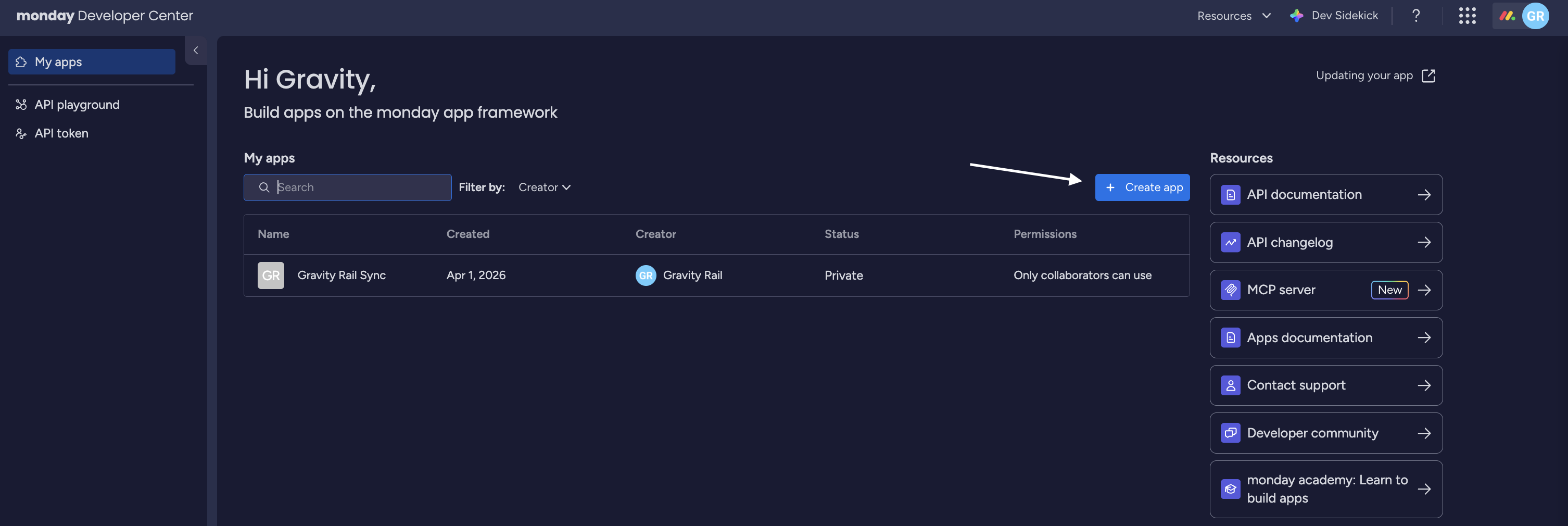 The Developer Center with existing apps and the Create app button