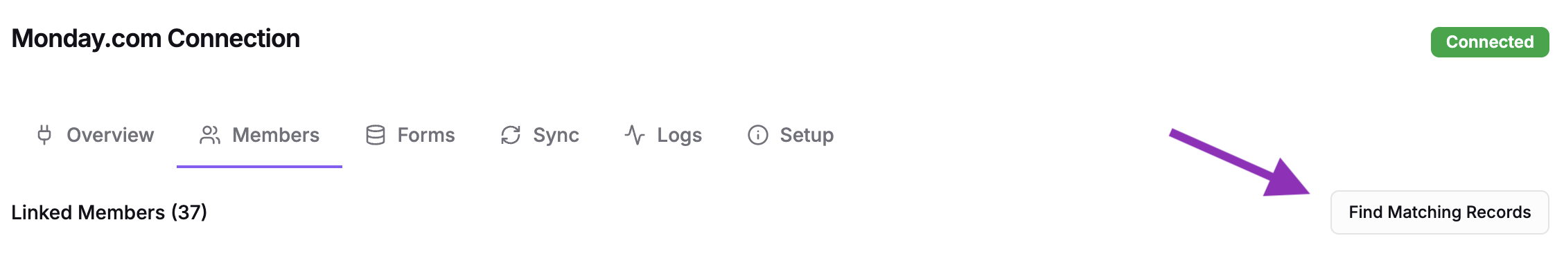 The Members tab showing linked members count and the Find Matching Records button