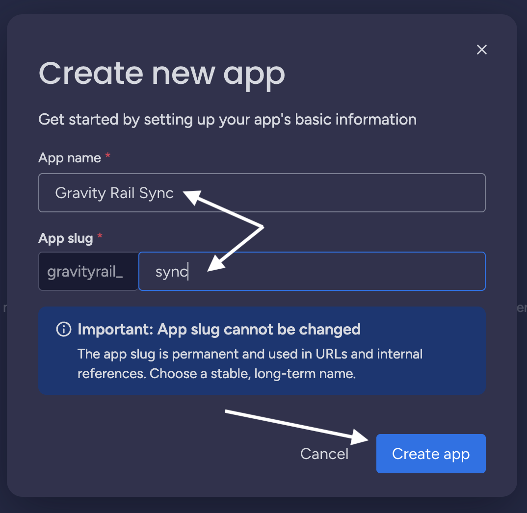 The Create new app dialog with app name and slug fields