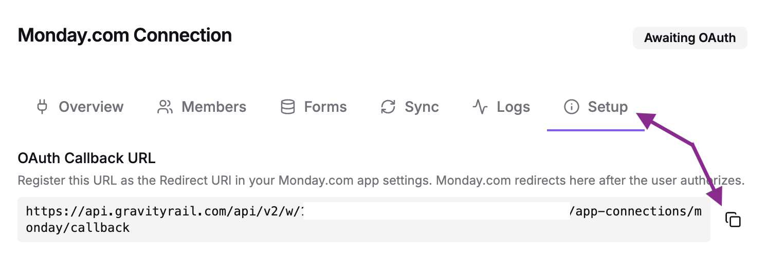 The Overview tab showing the OAuth Callback URL in Setup Details