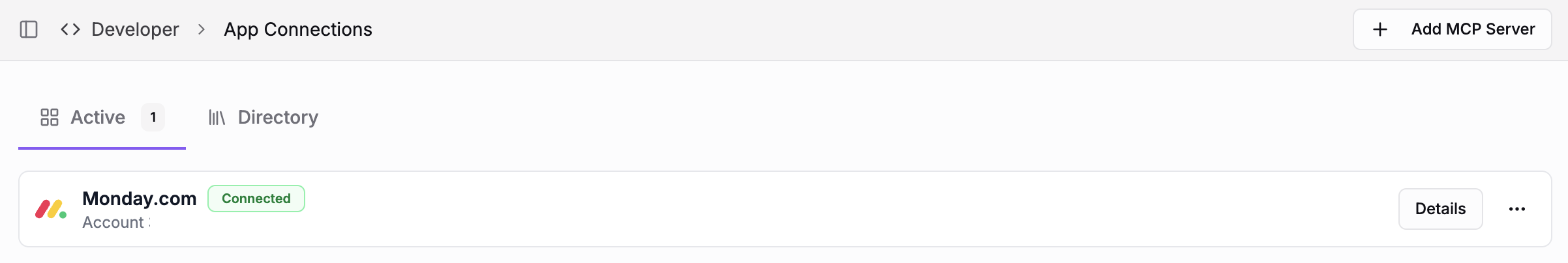 The App Connections page showing Monday.com with a green Connected badge