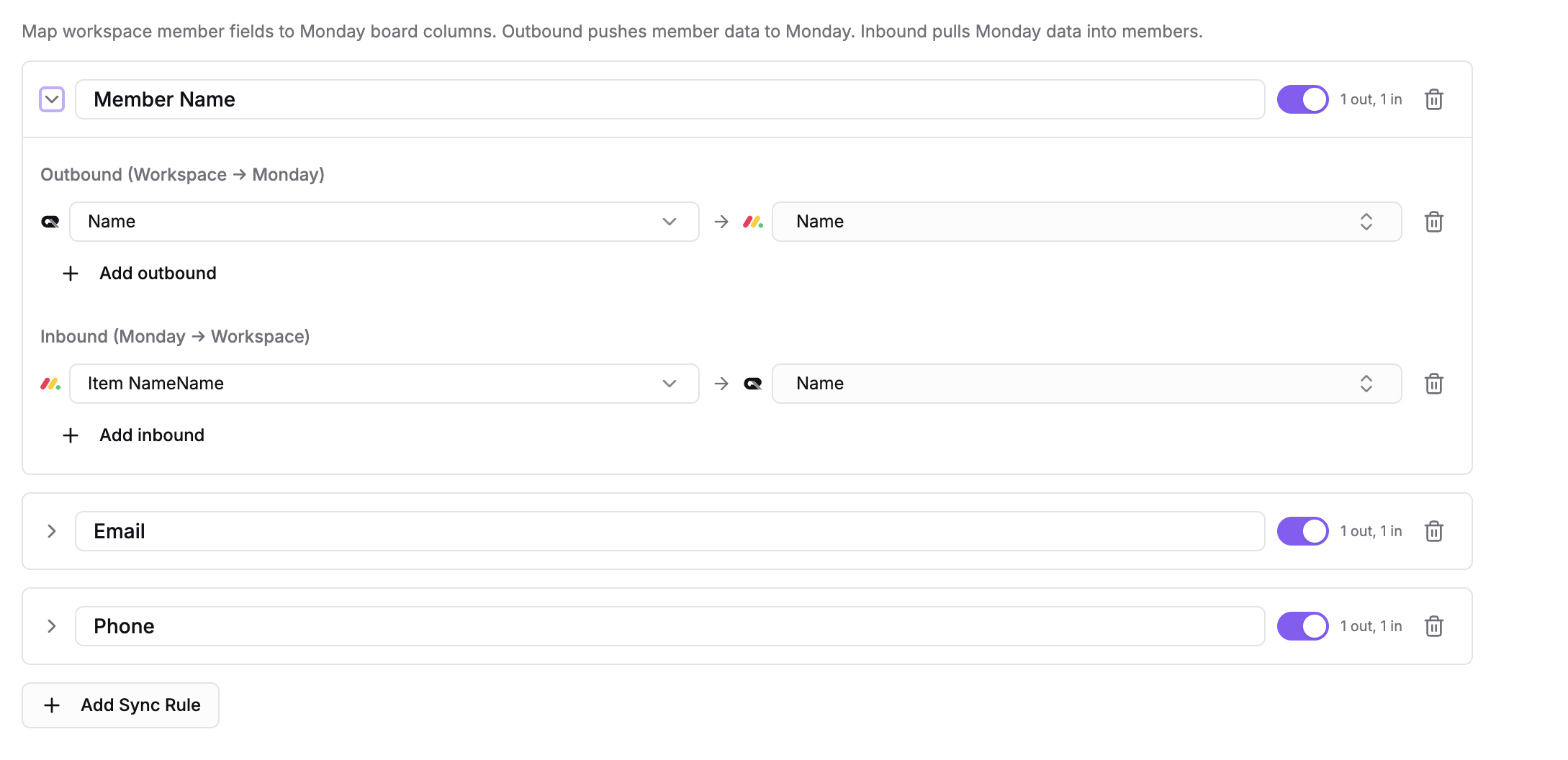 An expanded sync rule showing outbound and inbound field mappings between Gravity Rail and Monday columns