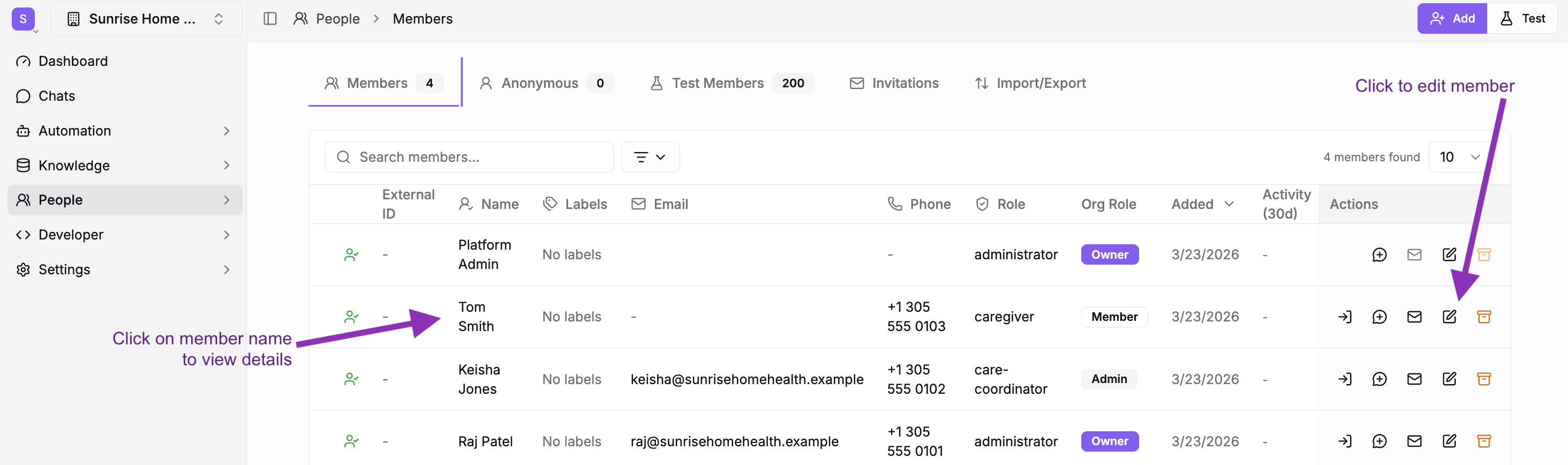 The Members list under People
