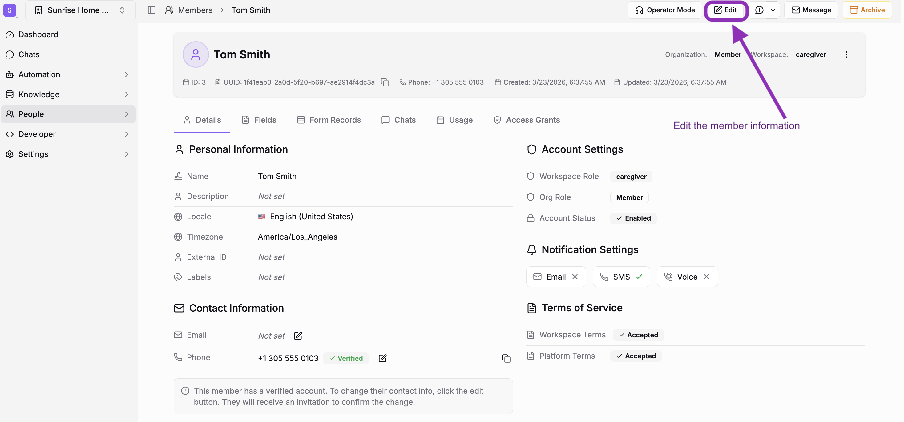 A member's detail view