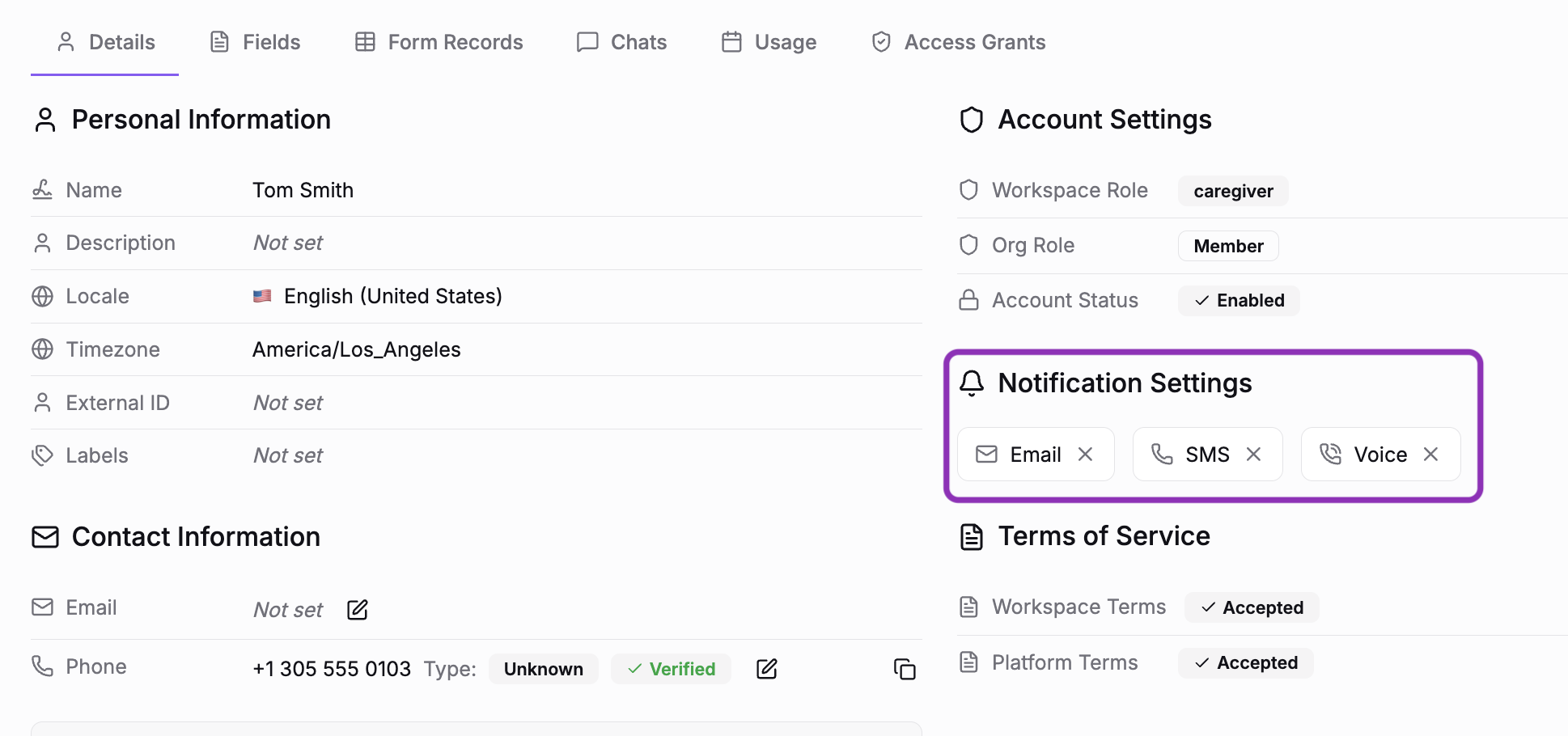 SMS unchecked, Email and Voice still enabled
