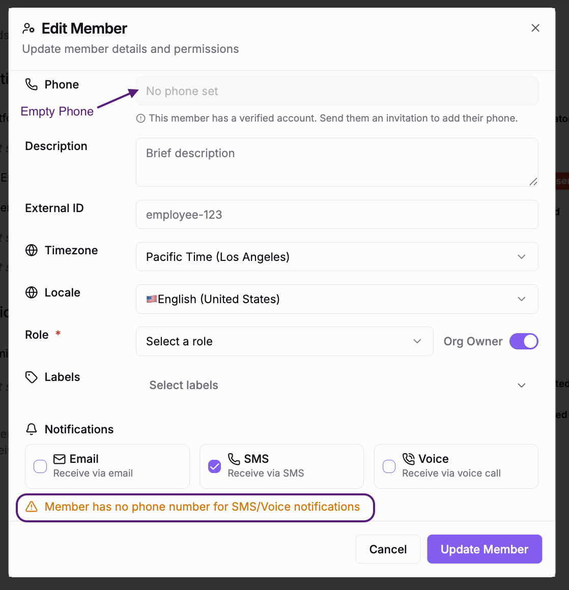 Warning shown when SMS is enabled but no phone number is set
