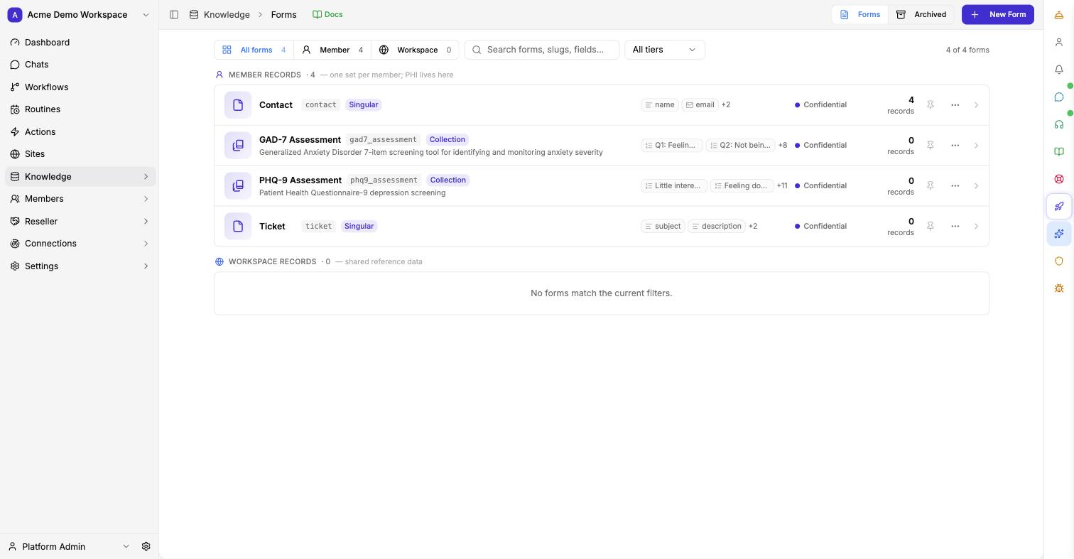 The Forms page listing Contact, GAD-7, PHQ-9, and Ticket data types