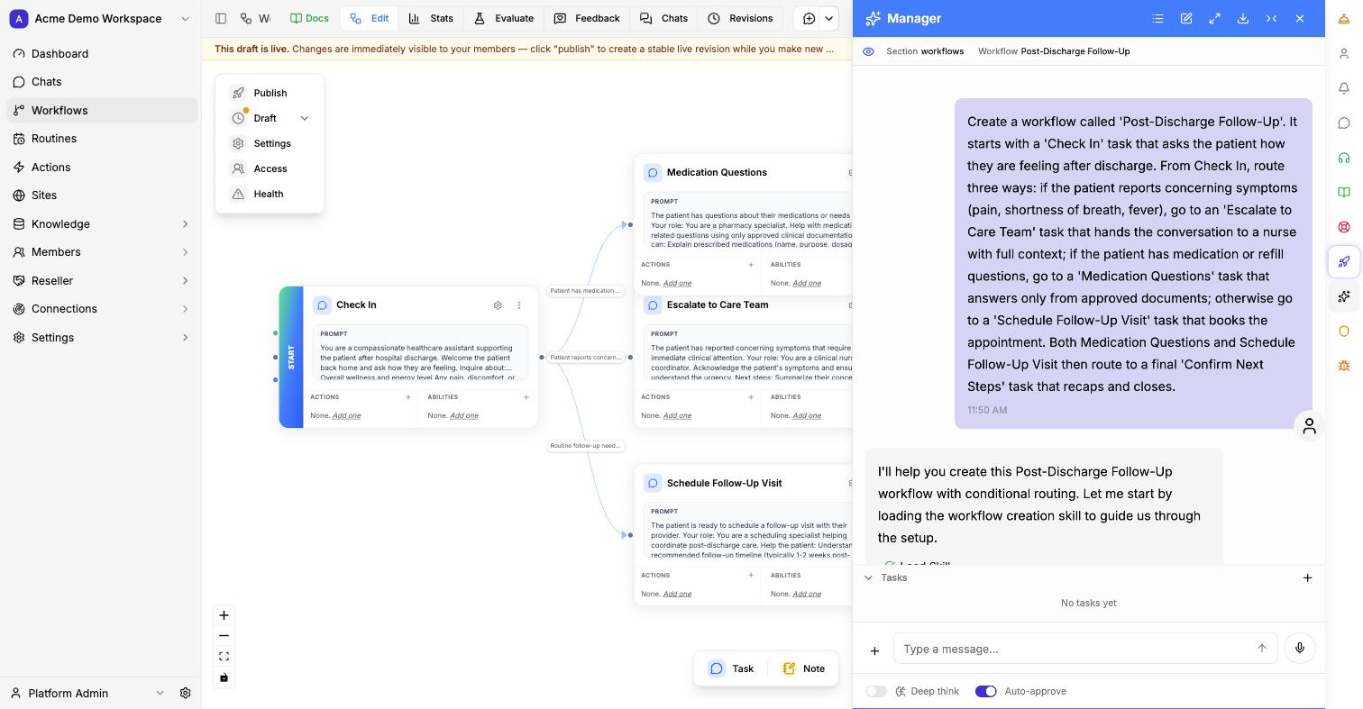 The Workspace Manager chat building a workflow from a plain-language description