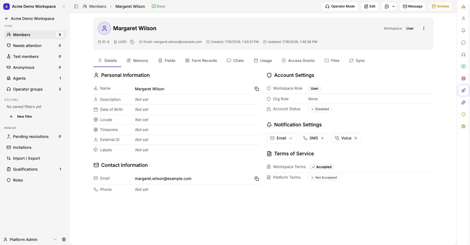 A member profile page showing personal information, account settings, and notification preferences